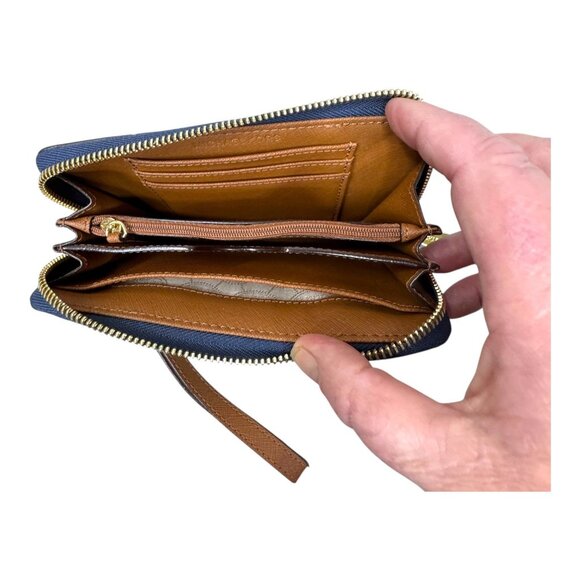 Michael Kors Navy Blue White Stripe Jet Set Leather Wallet Wristlet Compact EUC - Picture 4 of 10